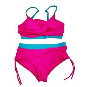 Girls Two-Piece Pink & Blue High-Waist Bikini Adjustable Strings Size 13-14Y